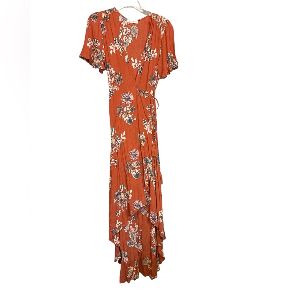 Just In Orange Floral Wrap-dress Asymmetrical Short Sleeve Size Small